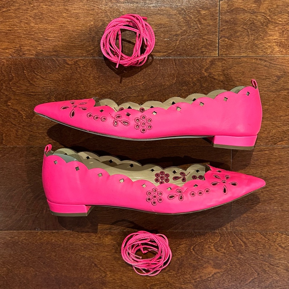 J Crew Lace-Up Leather Neon Pink Eyelet Pointed Toe Ballet Flats, Fit 9 1/2